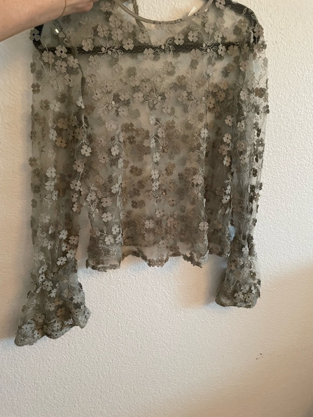 H&M Light Gray Sheer Floral Lace Top